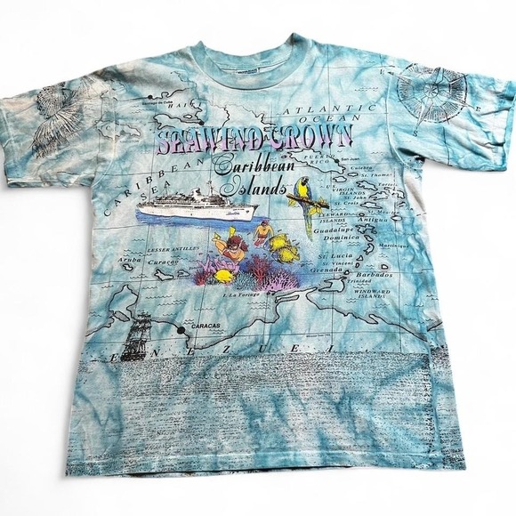 Vintage all over print seawind cross Caribbean islands map T-shirt size large - Picture 1 of 4